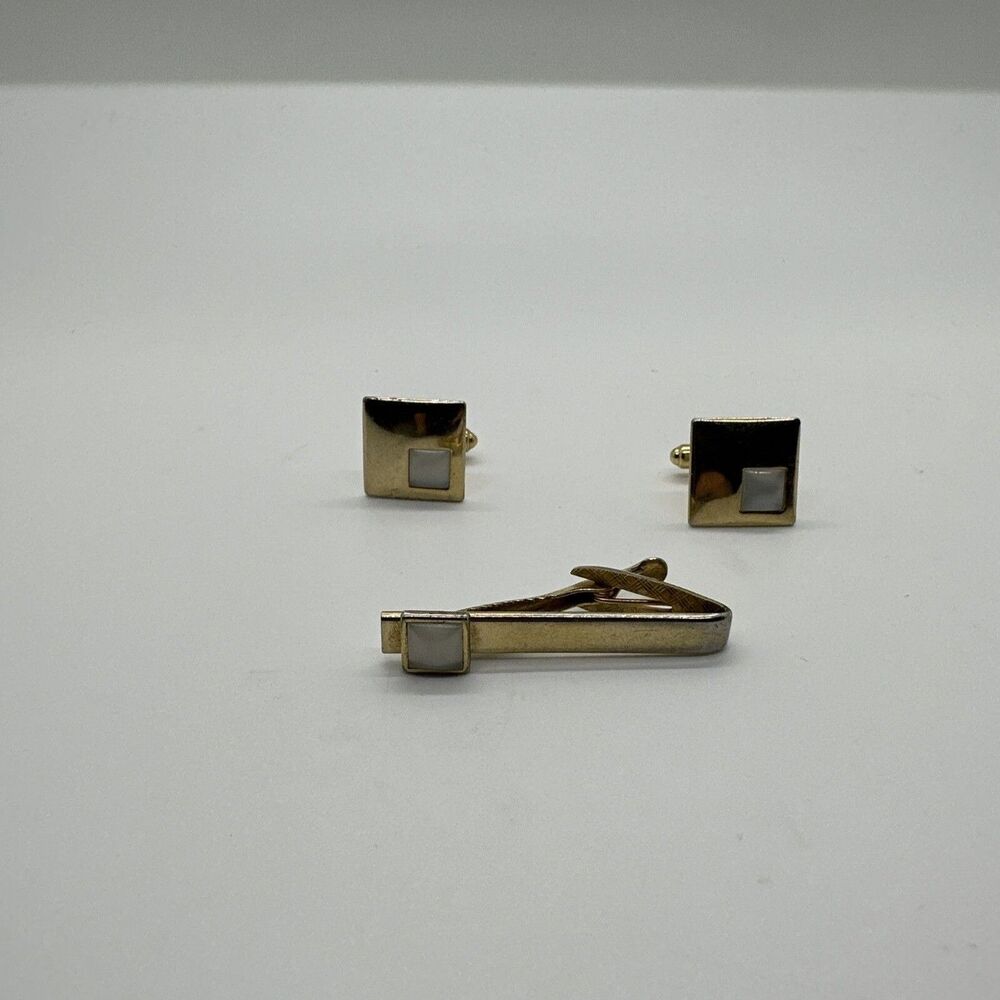 Vintage Gold Cufflinks With Matching Tie Clip White gem Antique Set